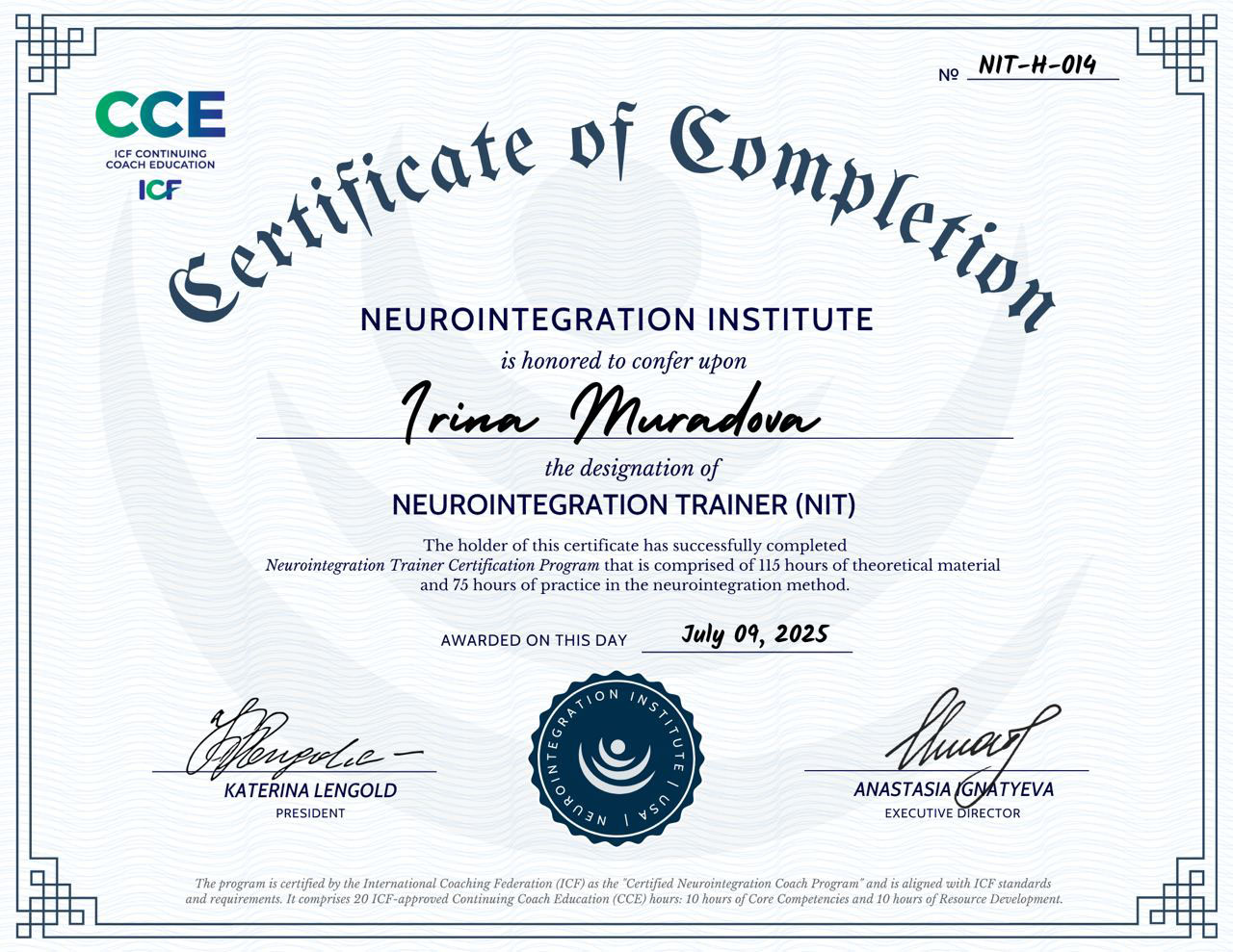 Сертификат Neurointegration Trainer